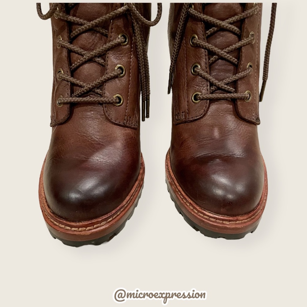 $498 Frye Lucy Vintage Lace-Up Distressed Cognac Brown Leather Heeled Ankle Boot - Picture 7 of 11